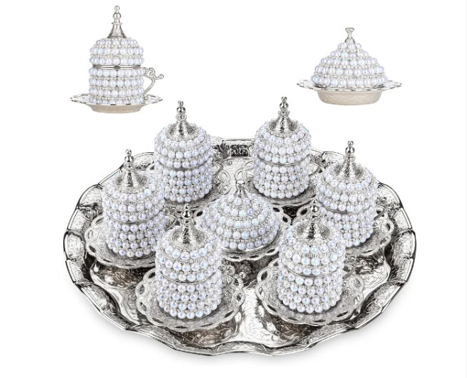 27 Pc Ottoman Turkish Greek Arabic Coffee Espresso Serving Set with Pearl Embellishments, Saucer and Sugar Dish (Silver)