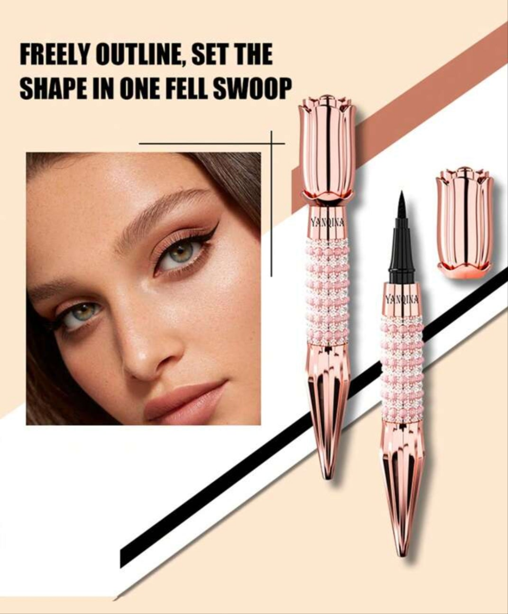 Long-Lasting Black Liquid Eyeliner Pen with Rhinestone Bronzing Effect - Waterproof and Sweat-Proof Eye Makeup Tool