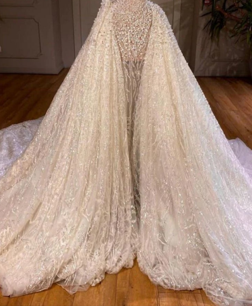 Stunning Long White One Shoulder A-line Beading Pearls Long Sleeve Weeding Dress With Train