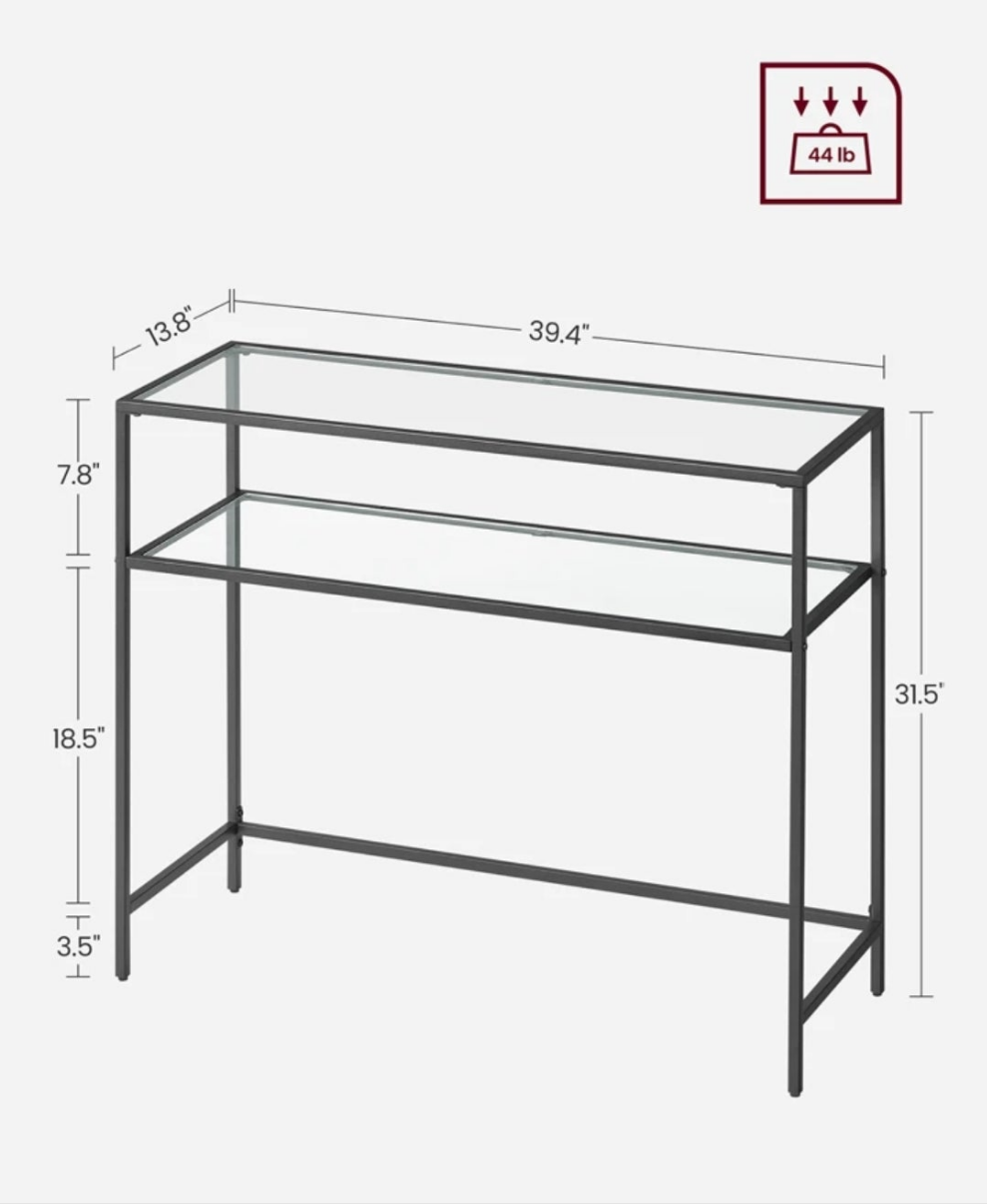 39.4 Inch Console Sofa Table, Modern Entryway Table, Tempered Glass Table, Metal Frame, 2 Shelves, Adjustable Feet, For Living Room, Hallway stainless steel 1 table