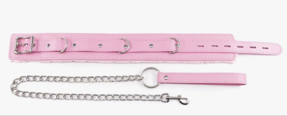 Women Pink Leather Fur-Lined Collar and Leash Set, Sex Toys Leather Necklace Choker for Games