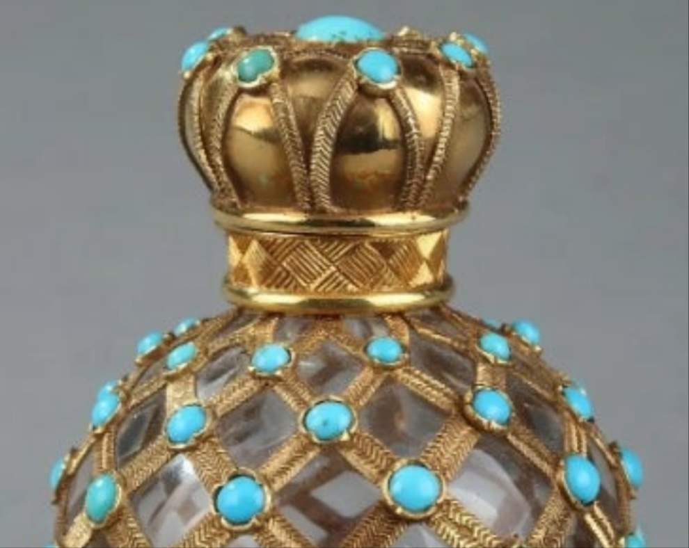 Gold, Crystal and Turquoise Perfume Flask Restauration Period 18k Gold