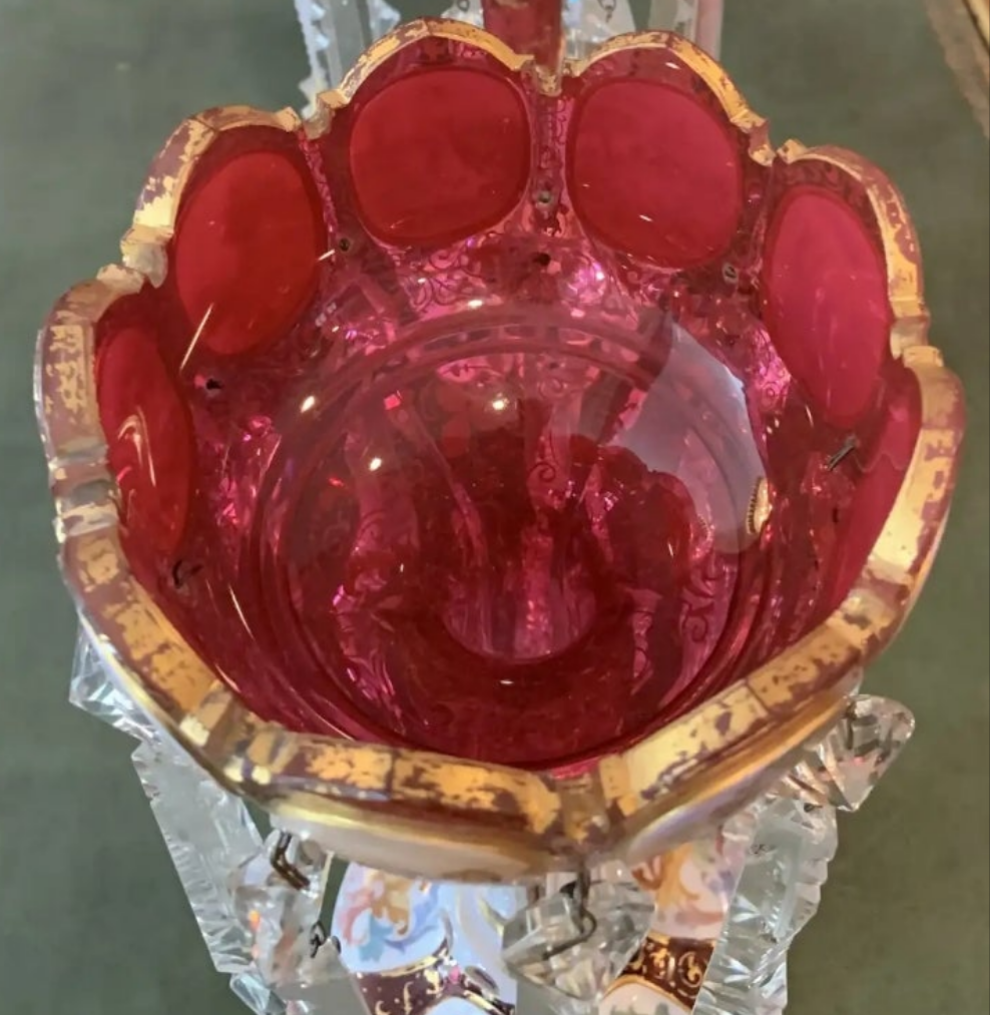 Pair of antique Moser Bohemian cranberry overlay hand painted lusters, circa 1900s cranberry glass