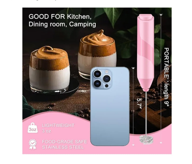Double Whisk Frother, Handheld Electric Blender stick, Drink Mixer with Food Grade Stainless Steel Stirrer, Battery Operated Foam Maker for Coffee, Cappuccino, Frappe, Matcha, Hot Chocolate Latte