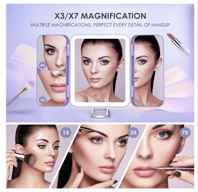 Travel Makeup Mirror, 64 LED Lighted Vanity Mirror with 1X 3X 7X Magnification, Tri-Fold Compact Mirror with Touch Light, Rechargeable,
