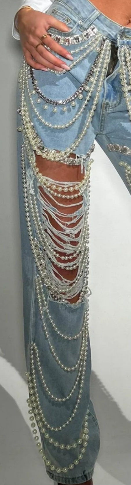 COCOMONEY Ripped Pearl Chain Rhinestone Denim Jeans-Blue