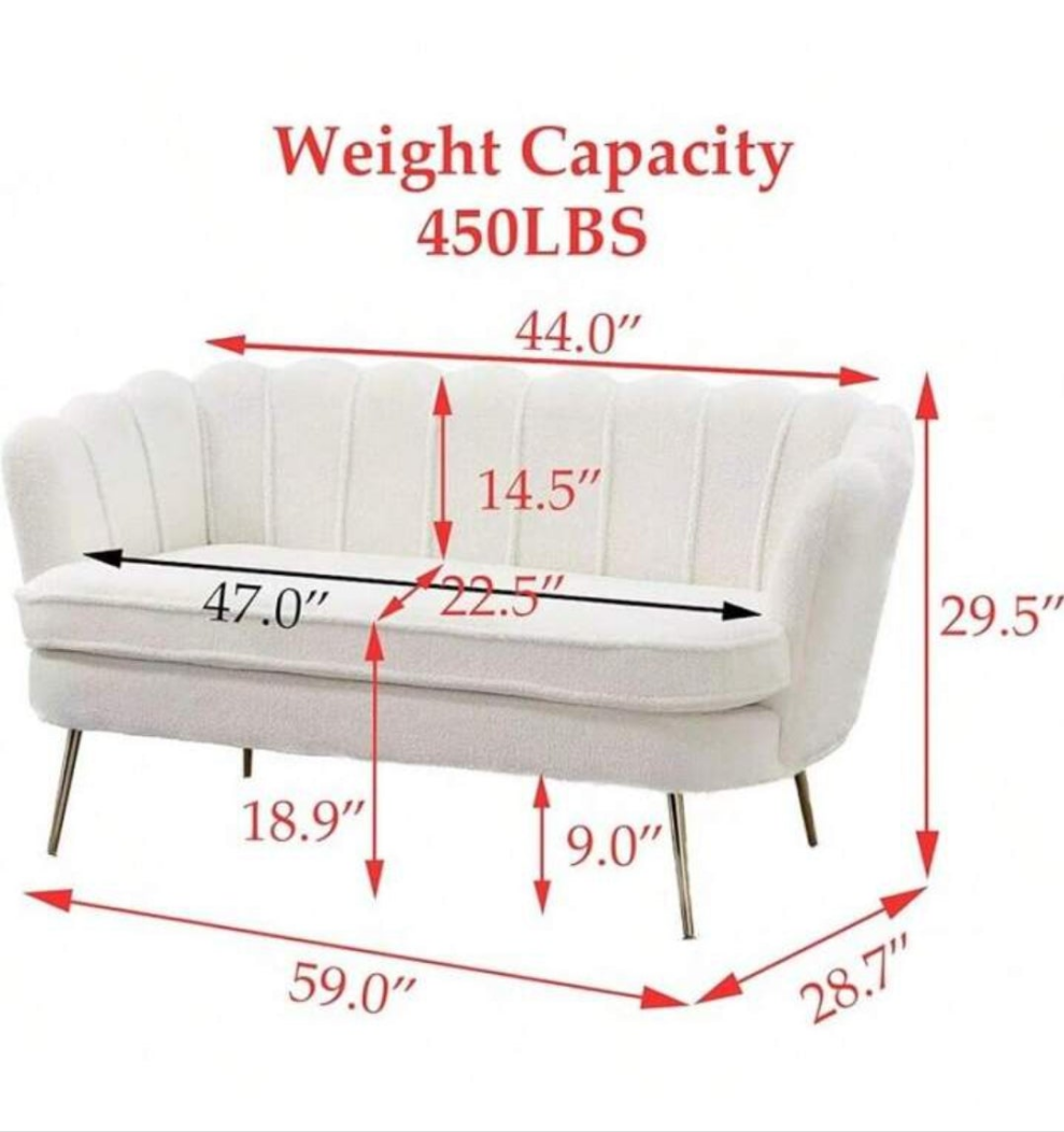 59-Inch Small Modern Chenille Double Sofa, 2-Seat Sofa With Golden Metal Legs, Small Sofa With Flower-Shaped Back, For Living Room Bedroom Office (Beige And Chenille)