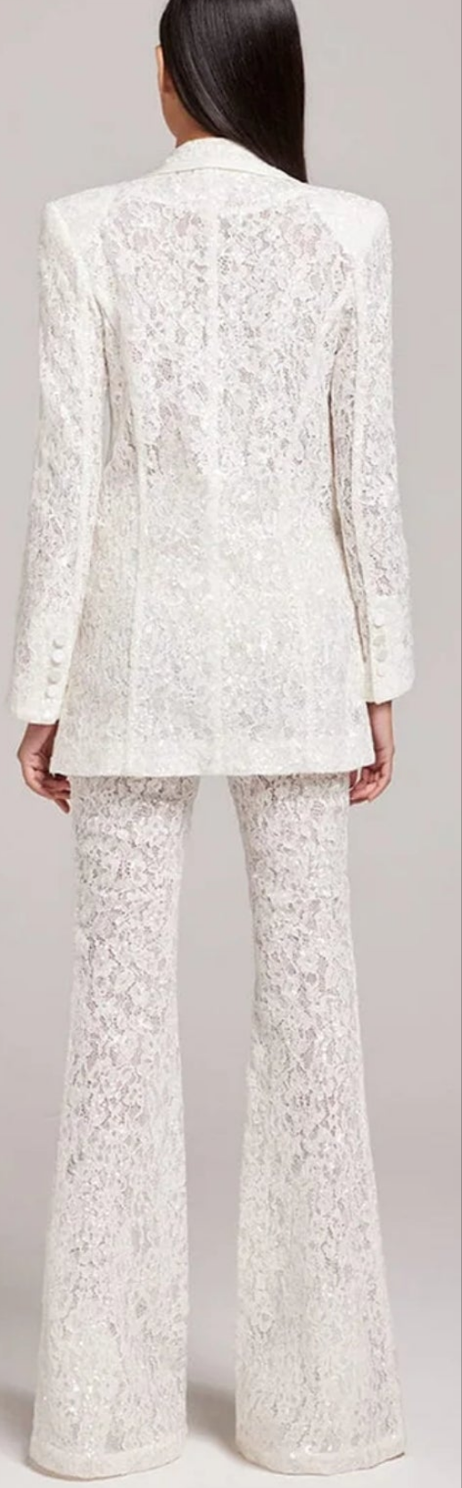 Lace Embroidered Hollow Out Sequin Two Piece Pant Set-White COCOMONEY