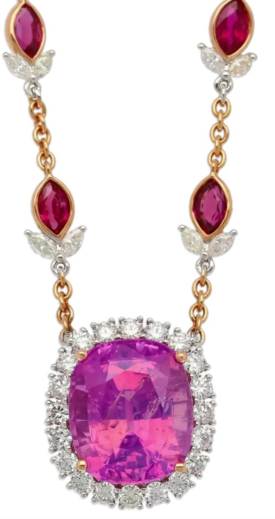 AGL Certified 10.26 Carat Cushion Cut Pink Sapphire, Ruby, & Diamond Necklace