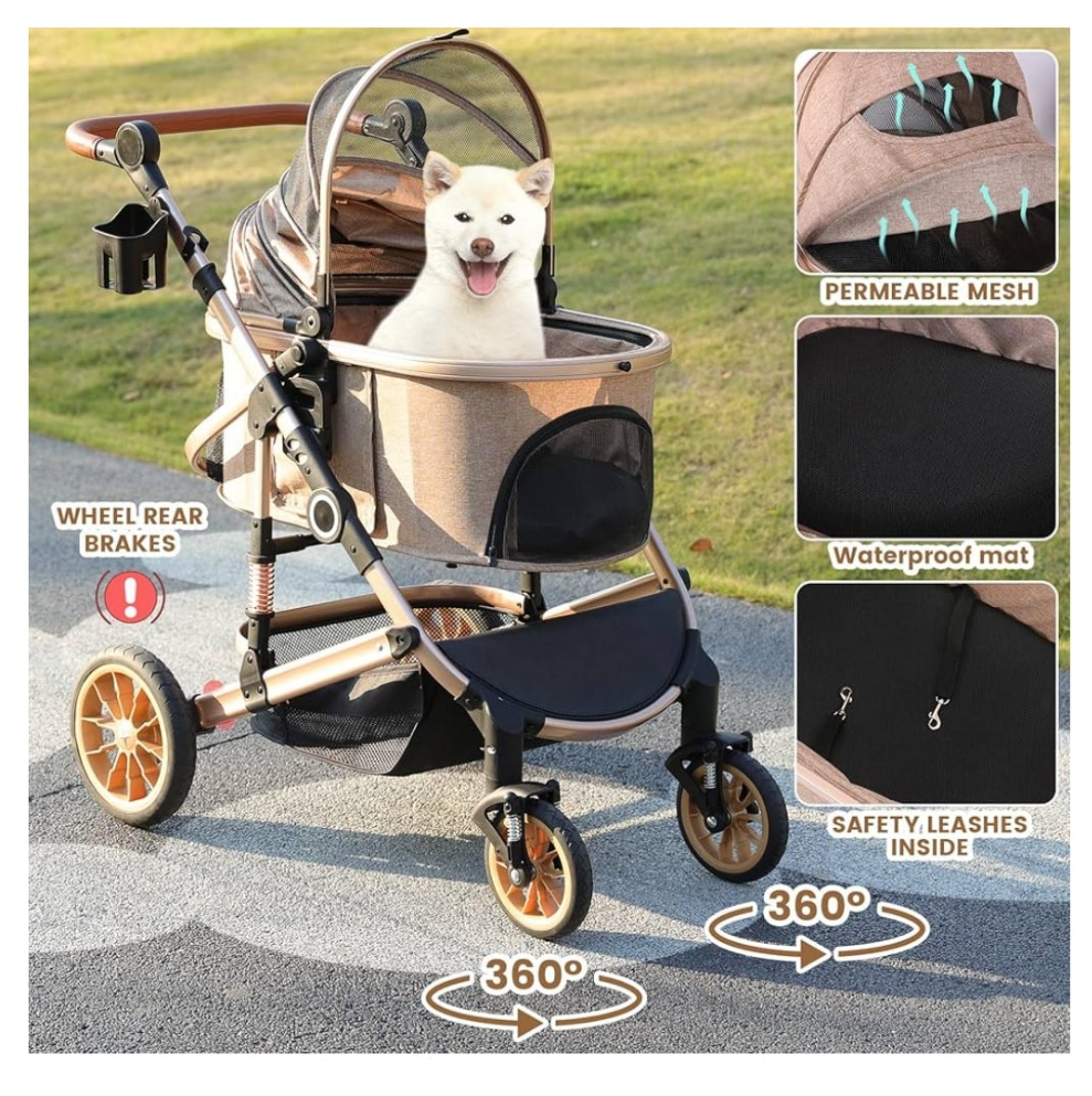 Pet Stroller with 4 Wheels, Foldable Pet Travel Carrier for Small/Medium Dogs Cats up to 50lbs, Detachble Portable Pet Bag, Storage Basket, Car Seat 3 in 1 Multifunctional