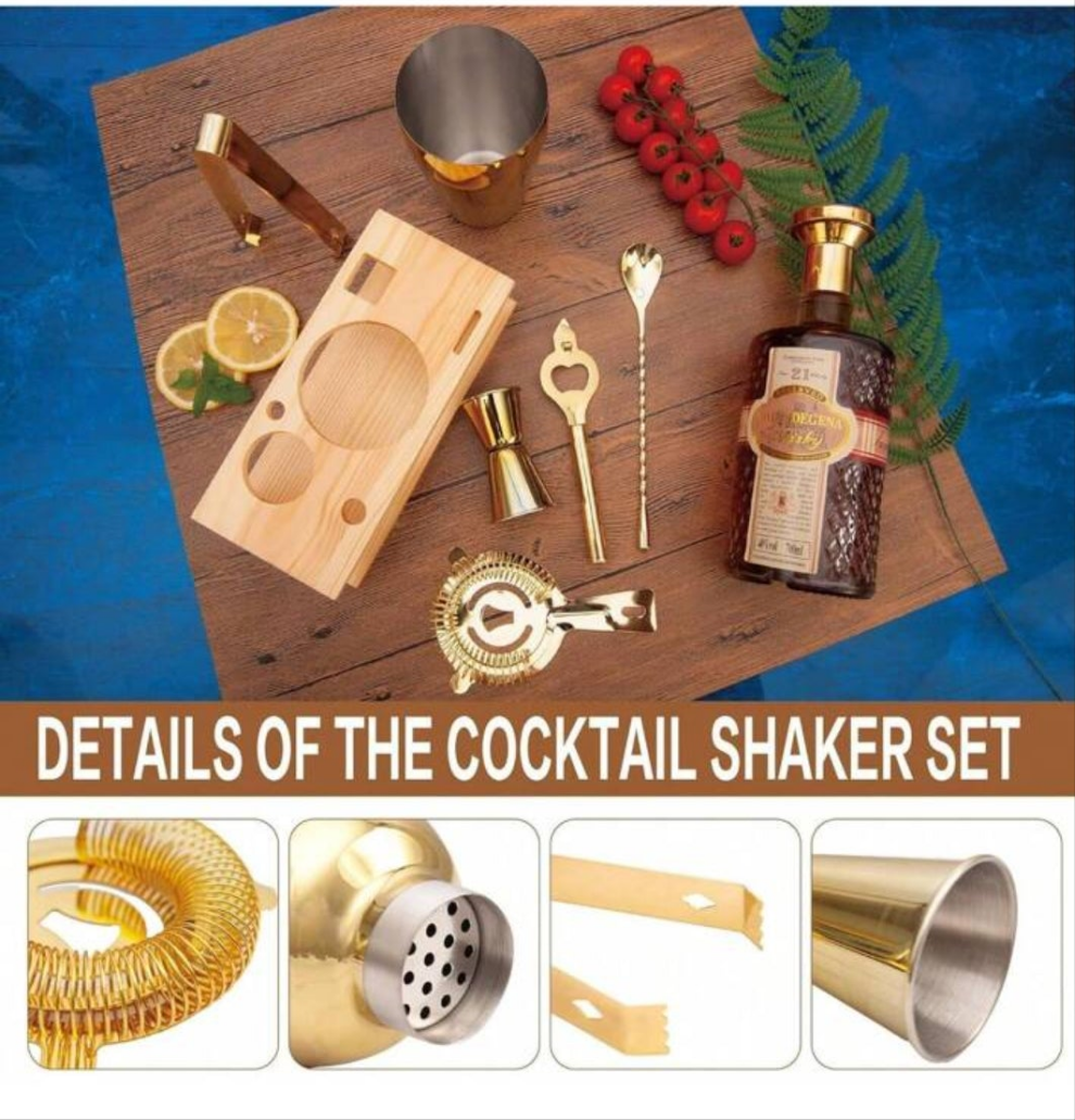 Cocktail Shaker Set Stainless Steel Bartending Kit 18.6oz Cocktail Bar Set Cocktail Mix Drink Making Kit Professional Bar And Home Drink Bar Tools For Bartender (Gold, 7Pcs) stainless steel