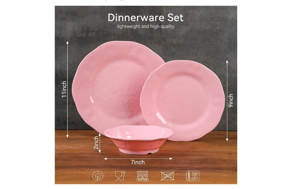 18 Piece Pink Dinnerware Set, Lightweight Kitchen Dining Plates and Bowls Set, Durable Melamine Dishes, Set of 6, Unbreakable RV Camping Dishes, Dishwasher Safe