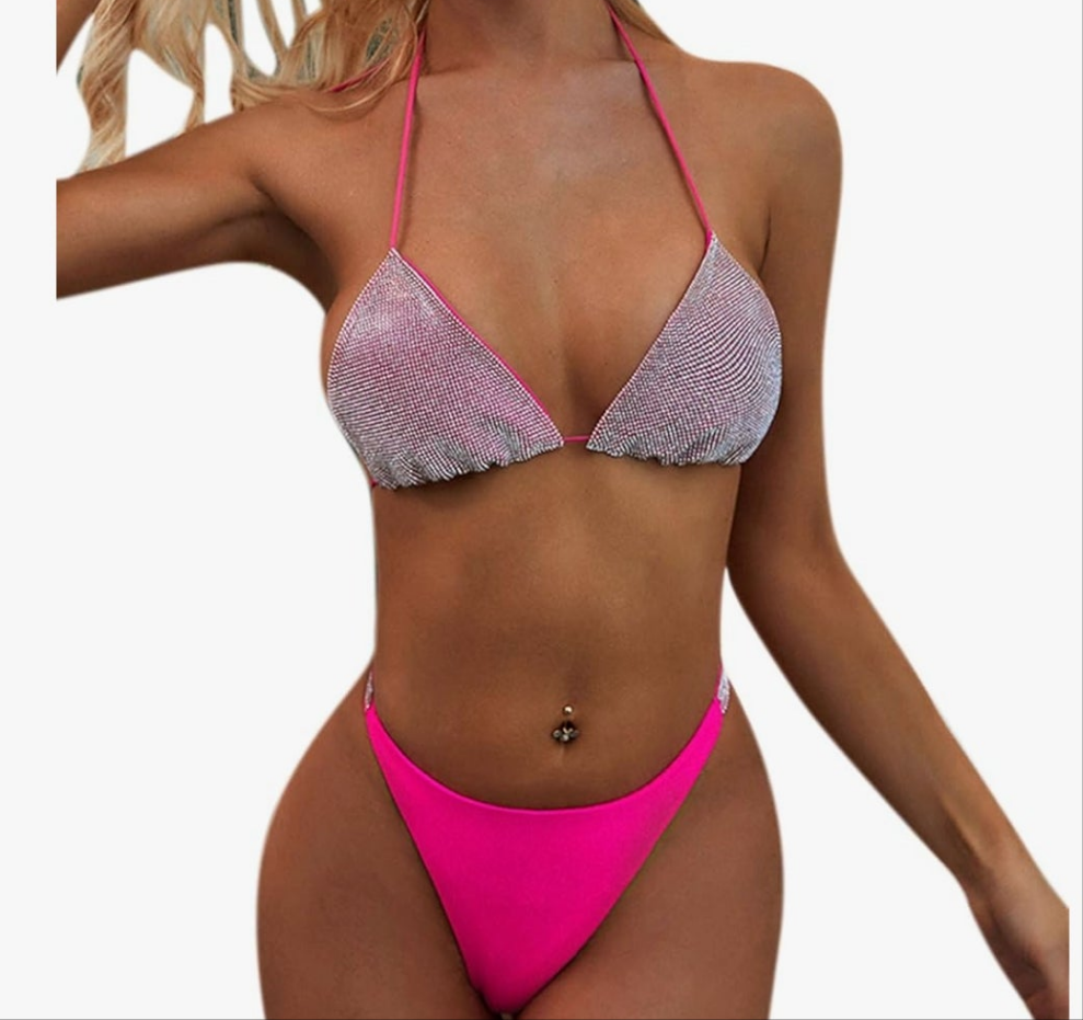 Women 2 Piece Shiny Diamond Crystal Bathing Suit Bikini Sexy Push Up Swimwear for Party Rave Clubwear