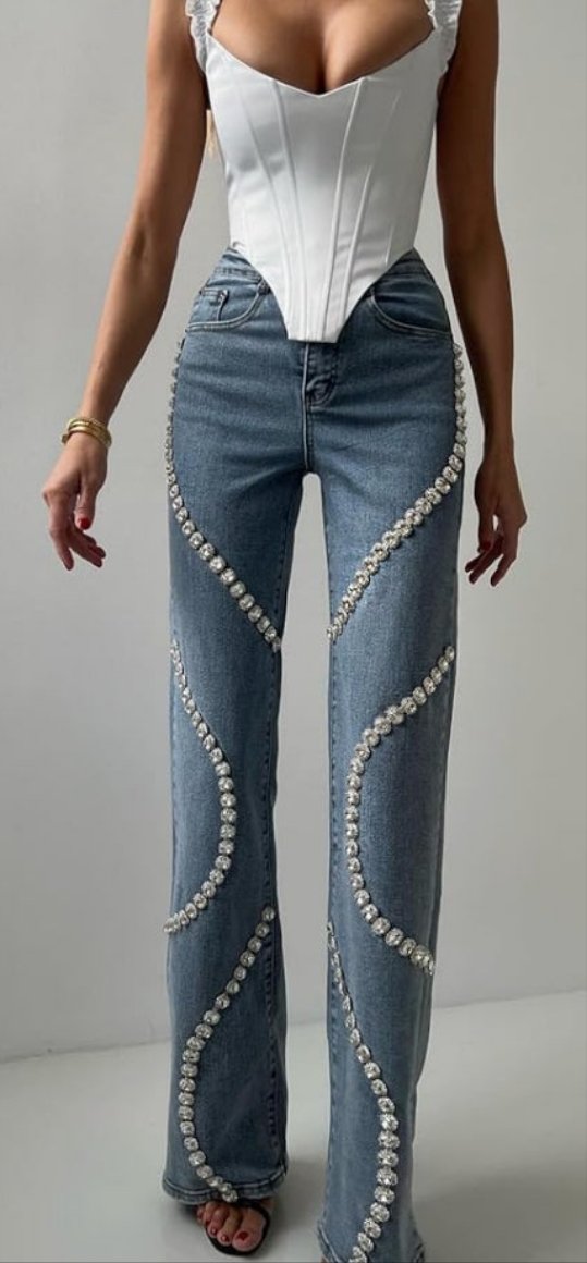 High waist Jeans Rhinestone Trim Bling Baggy Denim Pants Straight Wide Leg Trousers Streetwear