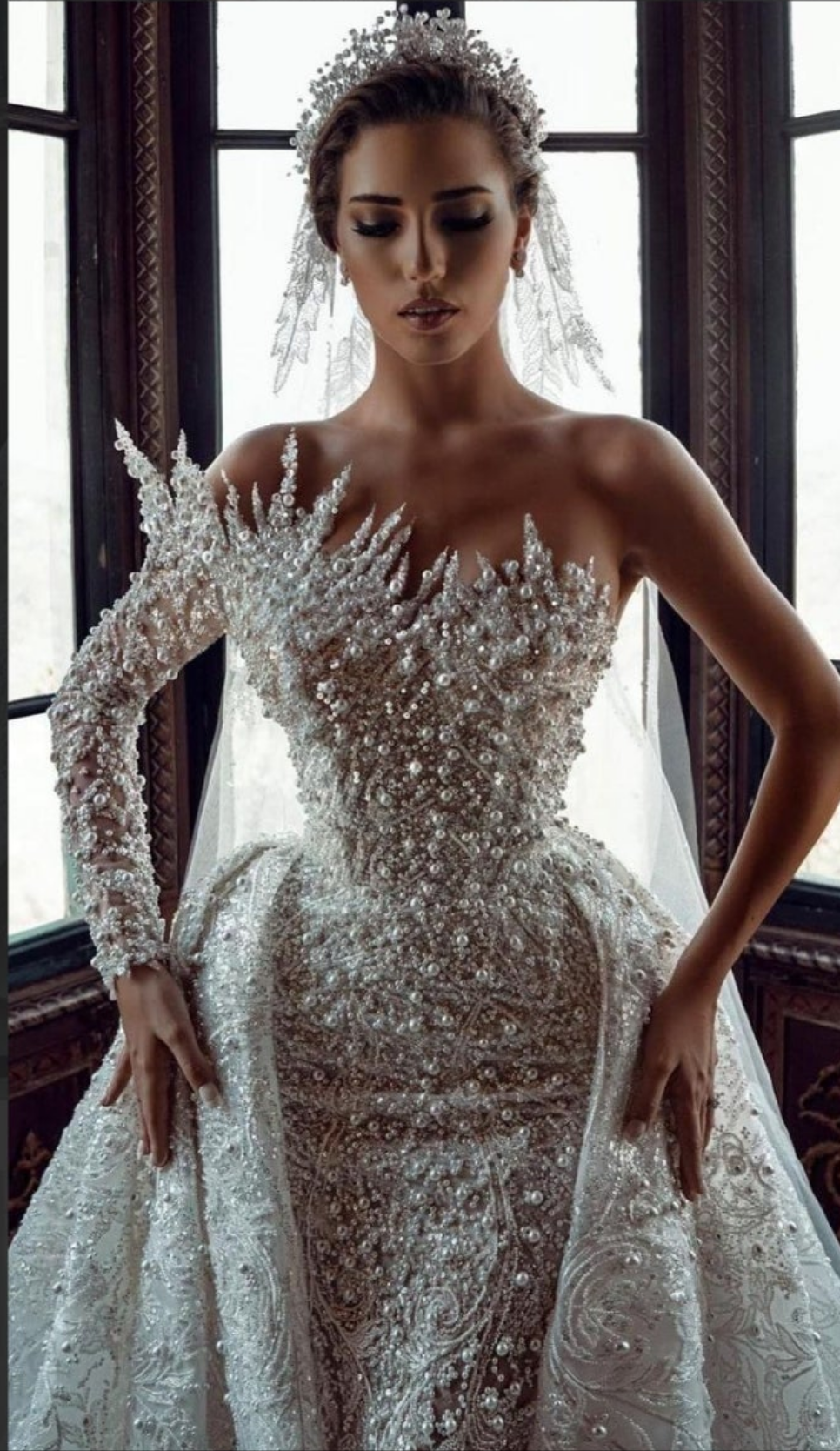 Stunning Long White One Shoulder A-line Beading Pearls Long Sleeve Weeding Dress With Train