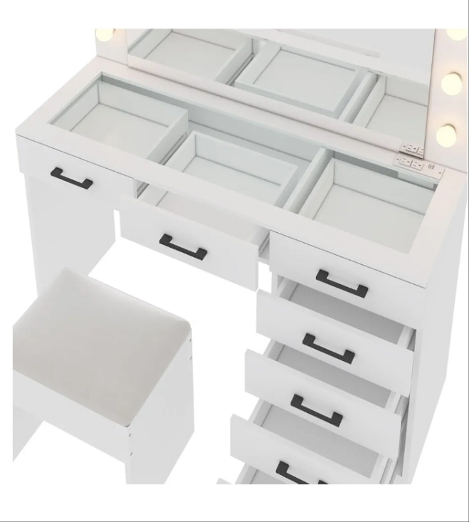 Vanity Desk with Large Lighted Mirror & Powre Outlet, Glass Tabletop Makeup Vanity Set with 7 Drawers, 45.3" Vanity Table with 3 Color Lighting Modes,