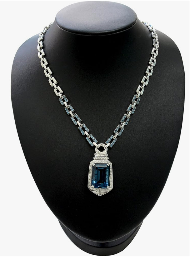 Sterling Silver 925 STATEMENT Pendant Necklace GENUINE GEMSTONE 24 mm with RHODIUM-PLATED Finish (london-blue-topaz)