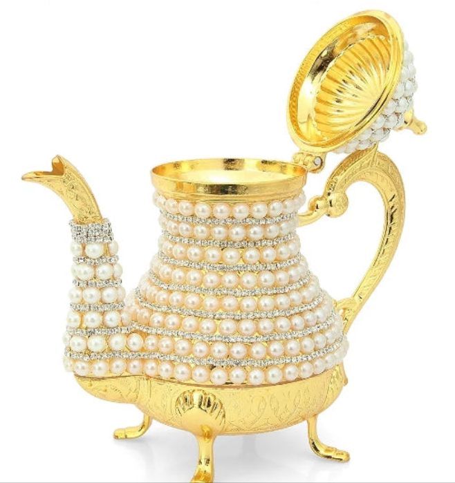 Luxurious Copper and Brass Elegant All in One Serving Set, Large Tea Pot, Decorated with Crystals and Pearls Resistant to High Temperatures (12 Pieces Serving Set)