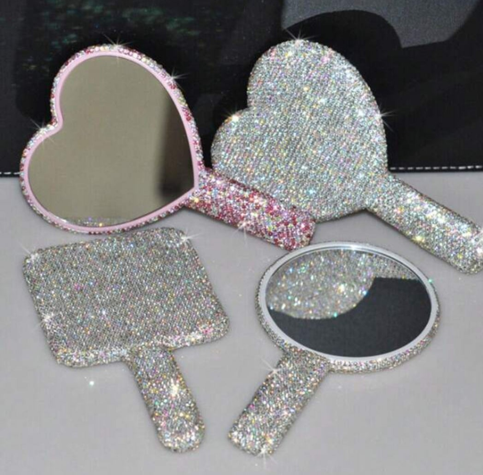 1pc Portable Crystal Rhinestone Handheld Mirror, Rhinestone-Encrusted ABS Beauty Handle Makeup Mirror, Bling Bling Princess Mirror For Makeup Touch-Up Best Gifts Birthday