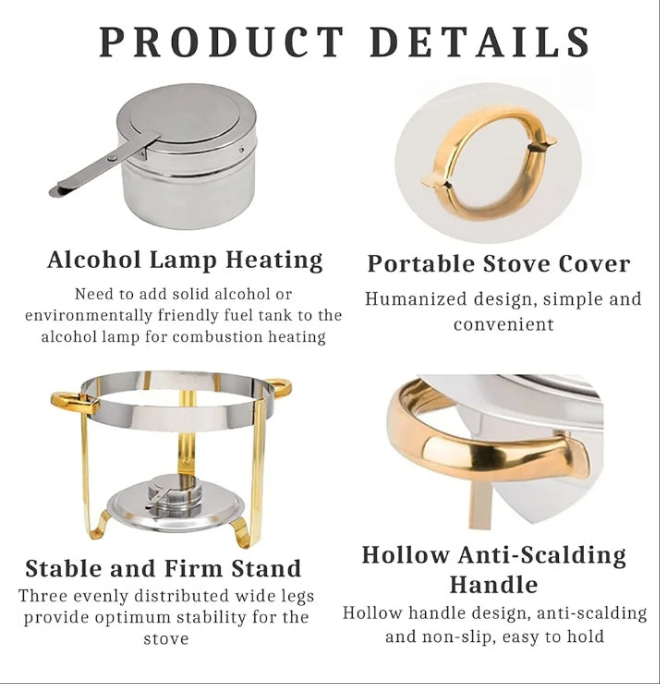 Gold Plated Chafing Dish Set, Stainless Steel Durable Buffet Server Food Warmer Tray,Food Pan and Fuel Holder, for Party Restaurant Wedding