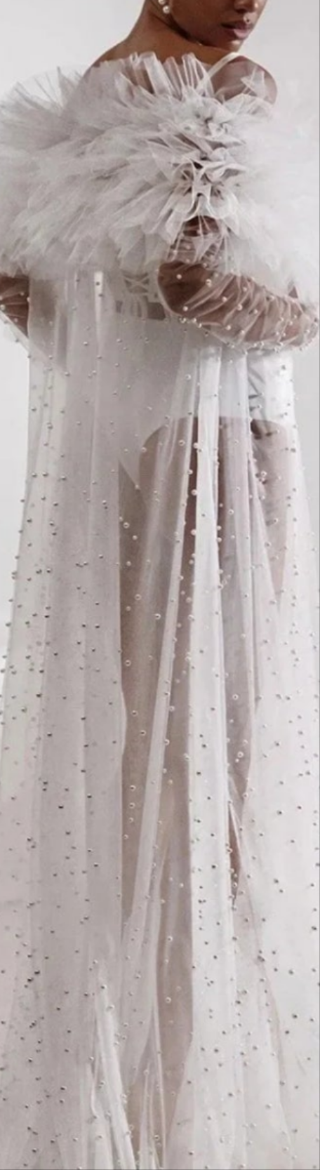 Pearls Ruffled Mesh See-Through Robe-White COCOMONEY under garments not included robe only