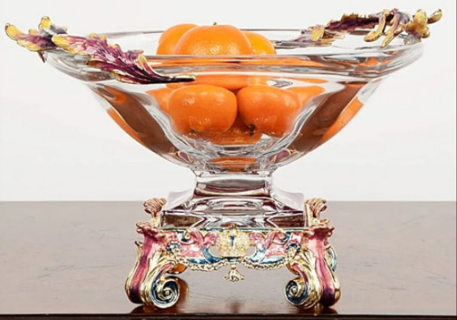 CUTE High-end Fruit Bowl, Luxury Glass Dried Alloy Fruit Plate with High Pedestal, Snacks Display Stand Storage Tray for Living Room Festival Decoration Ornament Gift