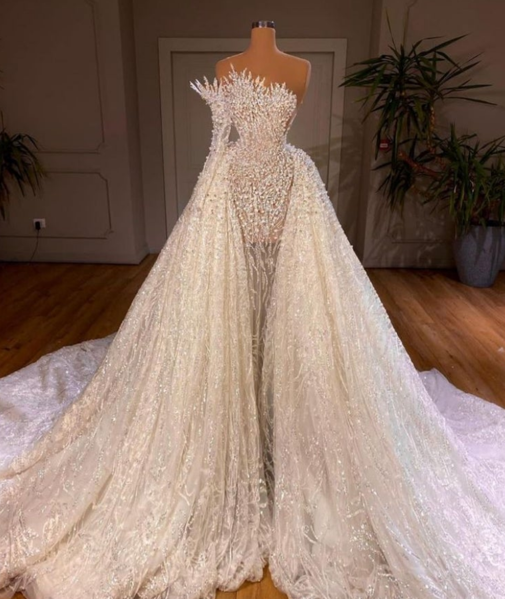 Stunning Long White One Shoulder A-line Beading Pearls Long Sleeve Weeding Dress With Train