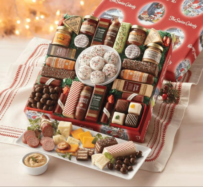27 Favorites Food Gift Set, Summer Sausage Meats and Cheeses, Assorted Chocolates, Candies, Petits Fours, Gift Basket, Cheese & Charcuterie Gifts, Cheese for Charcuterie Board, Holiday, Christmas, Thank You Gifts, Adults, Women, Men - Holiday Red Box