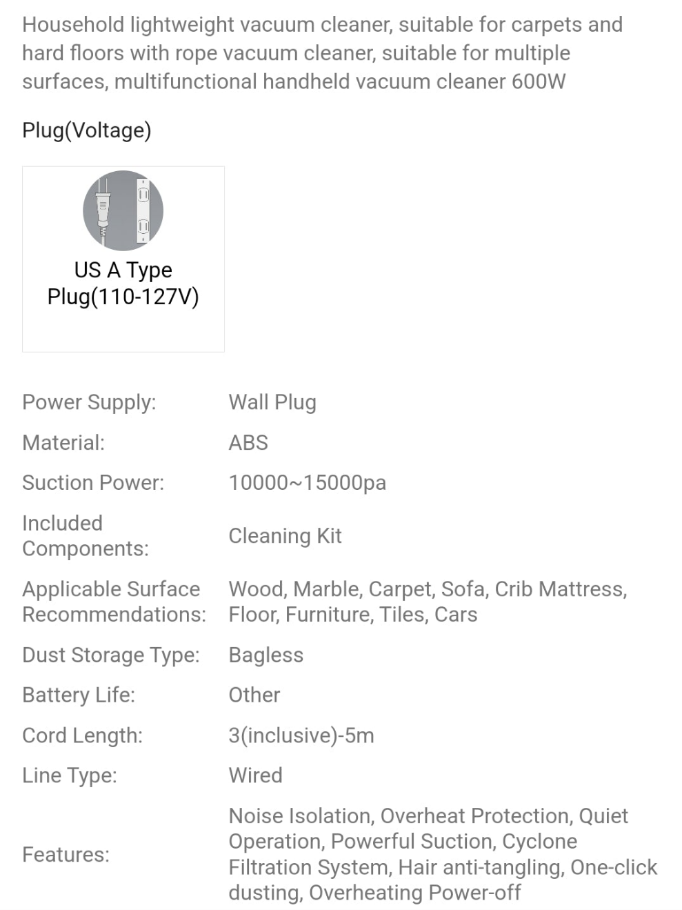 HHD Household Lightweight Vacuum Cleaner, Suitable For Carpets And Hard Floors With Rope Vacuum Cleaner, Suitable For Multiple Surfaces, Multifunctional Handheld Vacuum Cleaner 600W