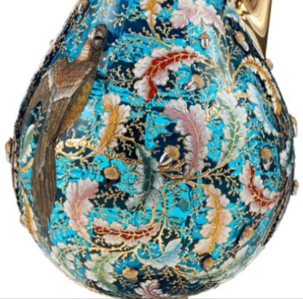 Moser Blue Glass and Enamel Parrot Ewer