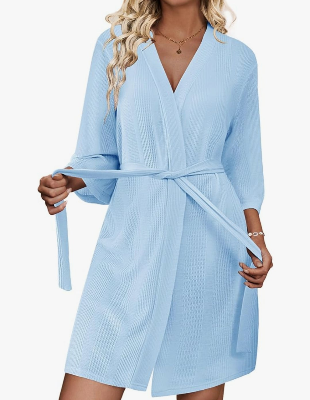 Waffle Robes for Women Lightweight Knit V Neck 3/4 Sleeve Kimono Bathrobe with Pockets Soft Sexy Spa Loungewear