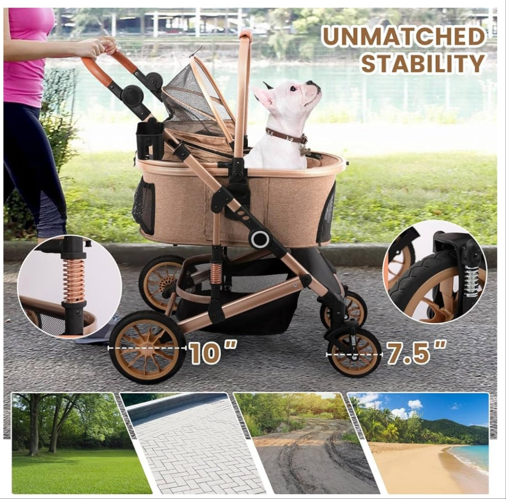 Pet Stroller with 4 Wheels, Foldable Pet Travel Carrier for Small/Medium Dogs Cats up to 50lbs, Detachble Portable Pet Bag, Storage Basket, Car Seat 3 in 1 Multifunctional