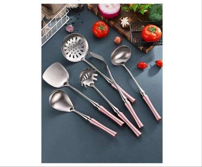 Pink Kitchen Utensils Set, 6 Pieces Stainless Steel Kitchen Utensils, Non-Stick and Heat Resistant Cooking Utensils Set, Kitchen Tools and Gadgets (Pink)