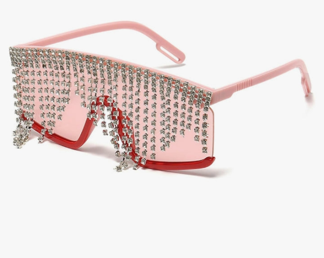 Super fun Mask Rhinestone Tassel sunglasses for women, frame embedded