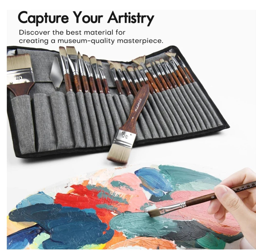 25pcs Paint Brush Set, Fuumuui Acrylic Paint Brushes, Professional Artist Series with Wide Flat, Filbert, Fan, Dagger, Cat Tongue, Round, Angle, Rigger for Oil, Acrylic Canvas Paintings, Face Painting