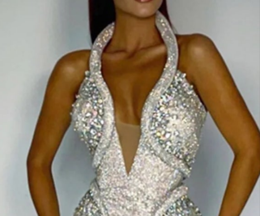 Snake-Shaped Sequin Rhinestone Halter Neck Maxi Dress-Silver COCOMONEY