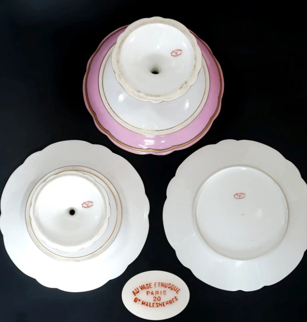Antique French Old Paris Porcelain Pompadour Pink 15pc Dessert Service Hand Painted Gold Monogram