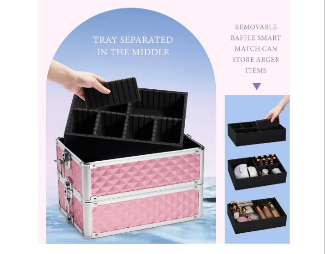 Rolling Makeup Train Case Large Storage Cosmetic Trolley 4 in 1 Large Capacity Trolley Makeup Travel Case with Key Swivel Wheels Salon Barber Case Traveling Cart Trunk