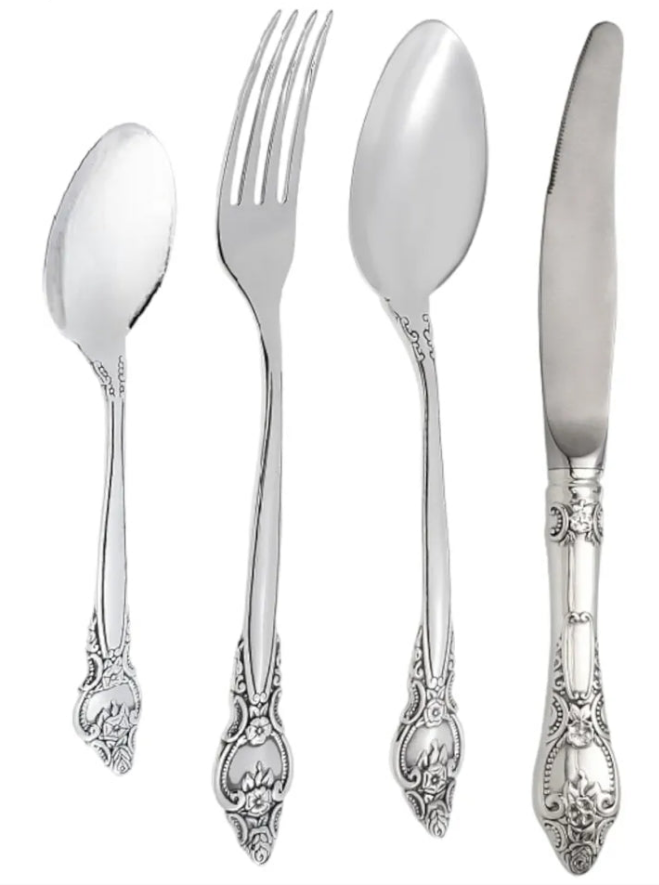 Sterling Silver Cutlery Set Rosette Design 24 pcs (Spoon, Fork, Knife, Tea Spoon) for 6 Persons in a Gift Box by Silver Melody - Wedding Silverware Gift - Silver Hostess Gift Rose Style