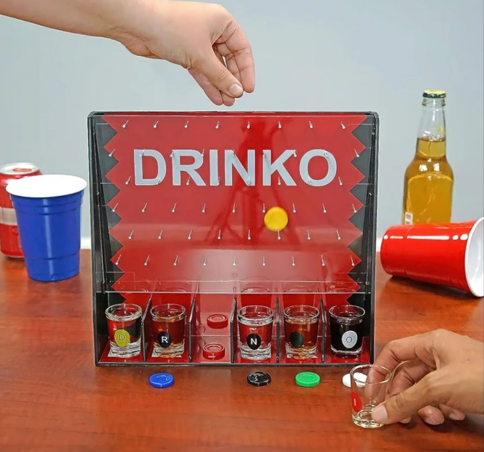 DRINKO Drinking Game - Social Shot Glass Party Fun for Groups & Couples - Multicolor, Glass Shots, Durable Board with Metal Pegs - The Ultimate Party Starter!