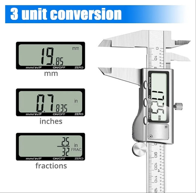 Digital Caliper Measuring Tool, Stainless Steel Vernier Caliper Digital Micrometer with Large LCD Screen, Easy Switch from Inch Metric Fraction, 6 Inch Caliper Tool for DIY/Household