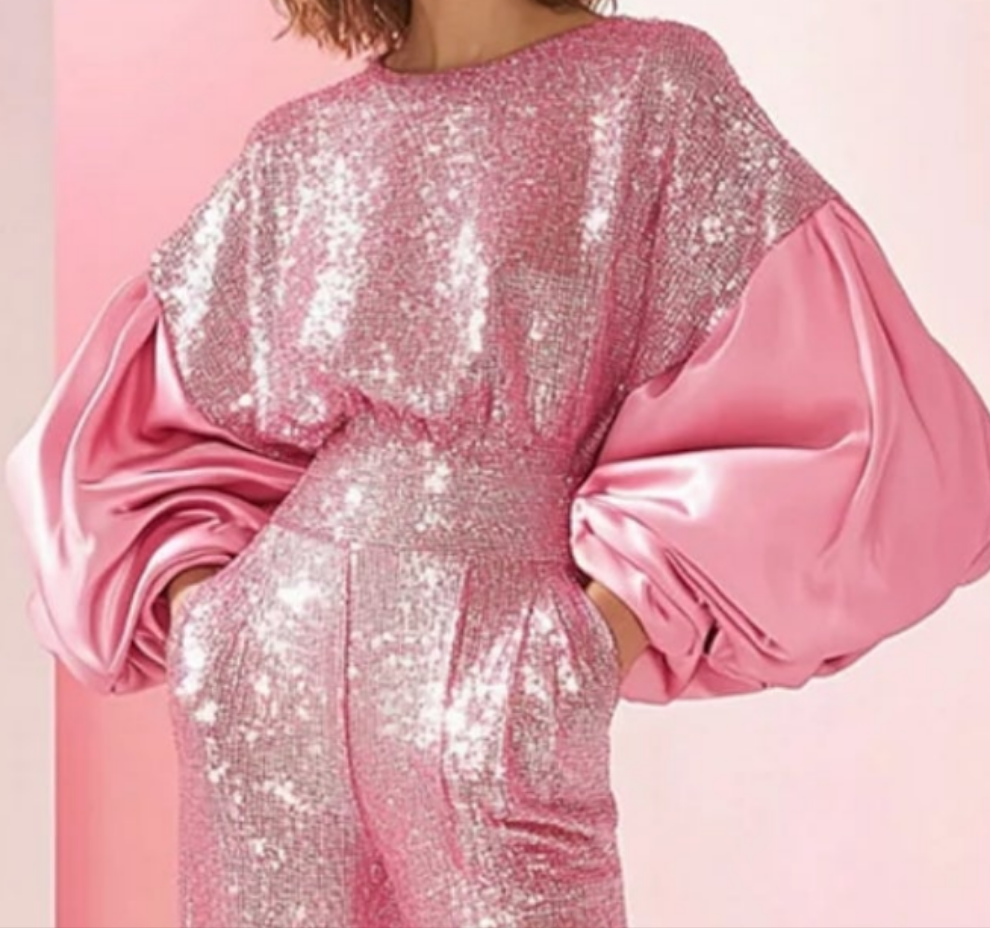 COCOMONEY Patchwork Sequins Puff Sleeve Pocket Jumpsuit-Pink
