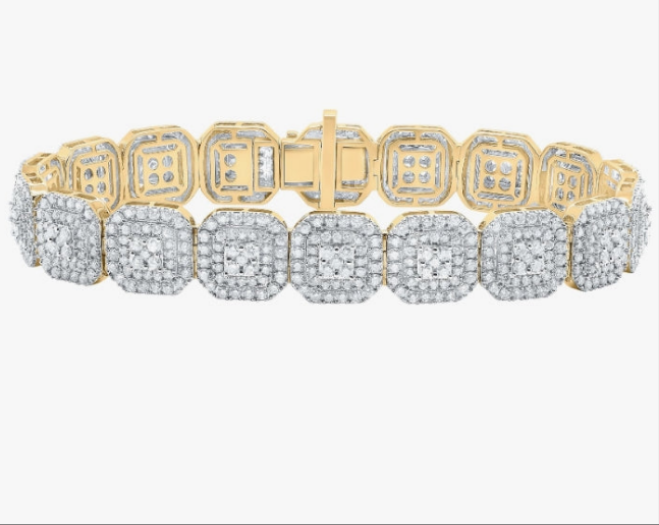 COCOMONEY 10K Yellow Gold Womens Round Diamond Square Link Bracelet 9-7/8 Cttw