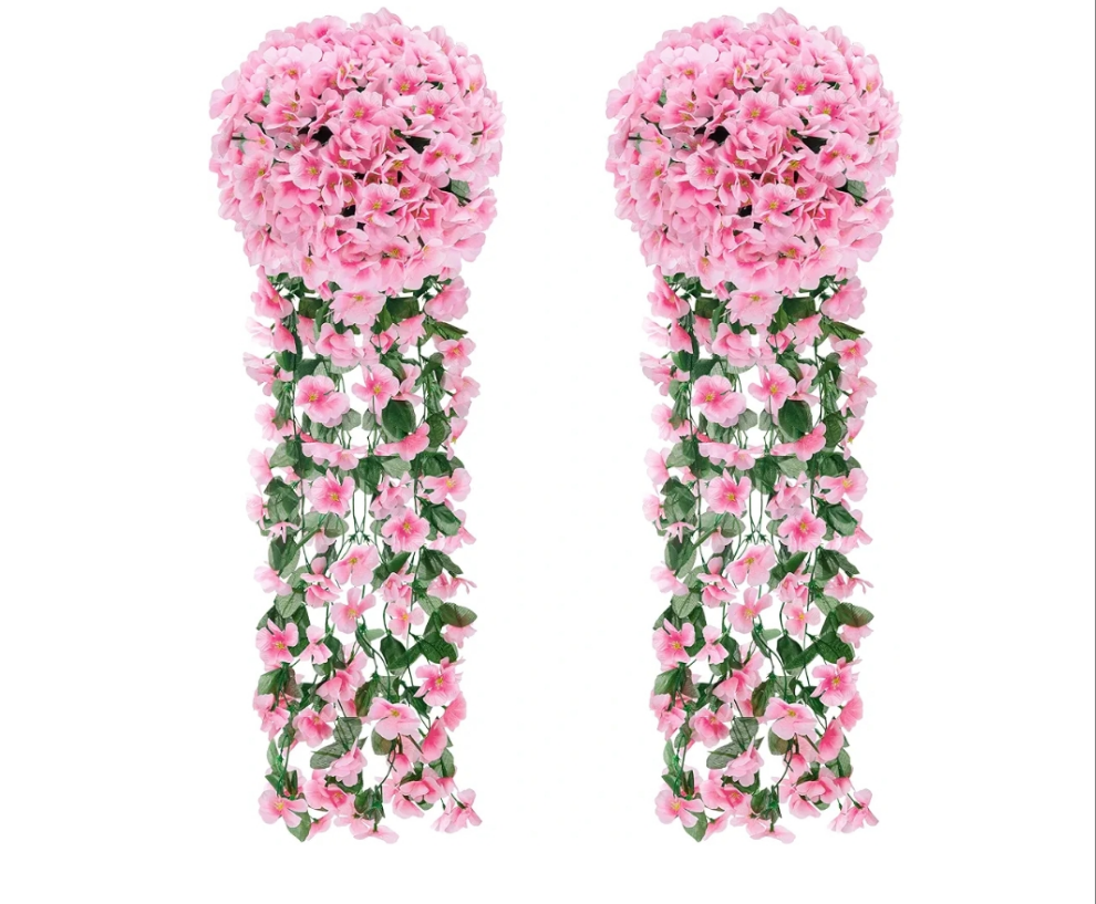 2 Packs Fake Hanging Plants Artificial Flowers for Outdoors Red UV Resistant for Home Porch Balcony Garden Patio Decor with 2 planters or 2 hanging planters