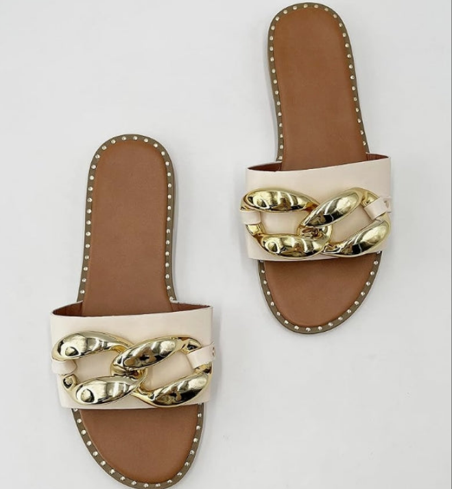 Women's Flat Heels Open Toe Backless Slippers Metallic Chains Slip On Summer Indoor Outdoor Slide Sandals.