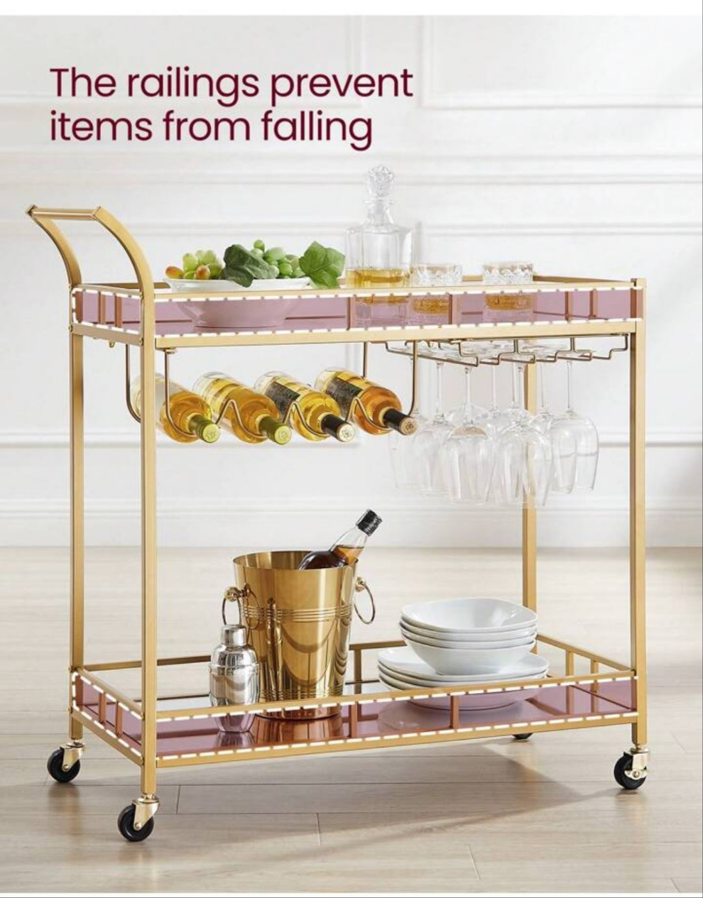 Bar Cart , Home Bar Serving Cart, Wine Cart With 2 Mirrored Shelves, Wine Holders, Glass Holders, For Kitchen, Dining Room stainless steel