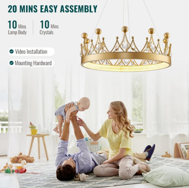Crystal Chandelier D23.6'' Gold Round LED Crown Chandelier Contemporary Semi Flush Mount Ceiling Light for Nursery Girls Room Dining Room Bedroom