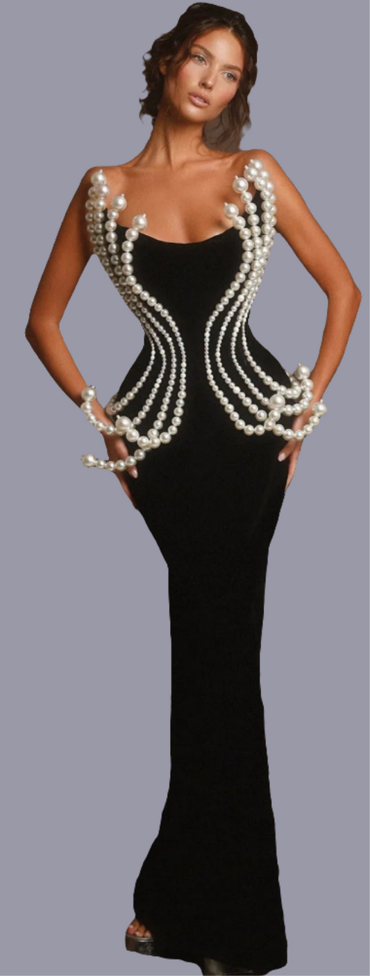 Pearls Beaded Strapless Mermaid Maxi Dress-Black COCOMONEY