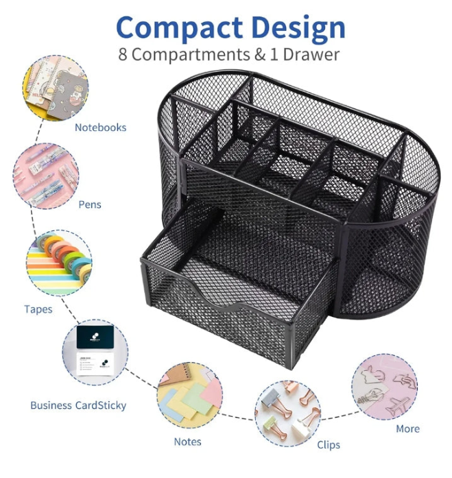 Desk Organizer, Pencil Holder for Desk, Mesh Office Desk Accessories with 8 Compartments and 1 Drawer Stationery Holder School Supplies