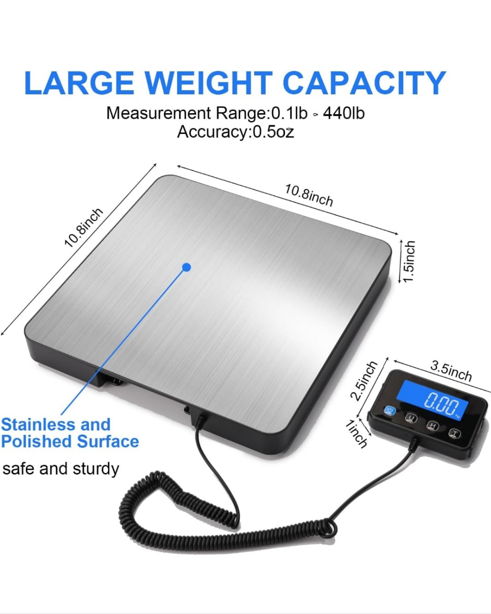 Digital Shipping Scale, 5g High Accuracy 440 lb Postal Scale with Hold and Tare Functions for Parcels/Luggage/Home, Manual/Auto Shutoff, Extended LCD Display, Batteries and AC Adapter Included